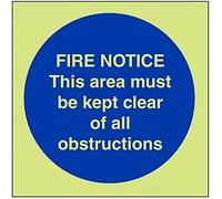VSafety Glow In The Dark Fire Notice This Area Must Be Kept Clear Of All Obstructions Sign - 100mm x 100mm - Self Adhesive Vinyl