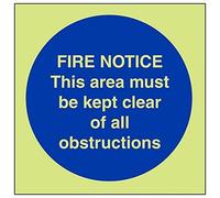 VSafety Glow In The Dark Fire Notice This Area Must Be Kept Clear Of All Obstructions Sign - 200mm x 200mm - Self Adhesive Vinyl