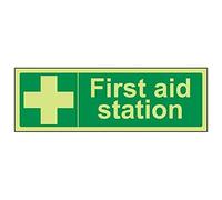 VSafety Glow In The Dark First Aid Station Sign - 300mm x 100mm - Rigid Plastic