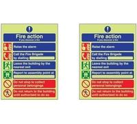VSafety Glow In The Dark General 6 Message Fire Action Notice Sign - 150mm x 200mm - Self Adhesive Vinyl (Pack of 2)