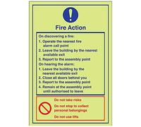 VSafety Glow In The Dark General Fire Action Notice Sign - 200mm x 300mm - Rigid Plastic