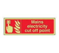 Vsafety Glow In The Dark Mains Electricity Cut Off Point Sign - 450mm x 150mm - Rigid Plastic