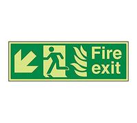 VSafety Glow In The Dark NHS Fire Exit Arrow Down Left Sign - 450mm x 150mm - Rigid Plastic