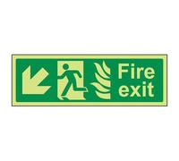 VSafety Glow In The Dark NHS Fire Exit Arrow Down Left Sign - 600mm x 200mm - Rigid Plastic