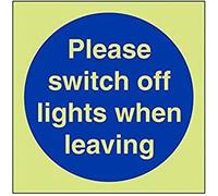 VSafety Glow In The Dark Please Switch Off Lights When Leaving Sign - 150mm x 150mm - Self Adhesive Vinyl