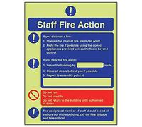 VSafety Glow In The Dark Staff Fire Action/Do Not Run Sign - 150mm x 200mm - Self Adhesive Vinyl