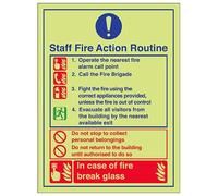 VSafety Glow In The Dark Staff Fire Action Routine Break Glass Sign - 150mm x 200mm - Self Adhesive Vinyl