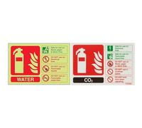 VSafety Glow In The Dark Water Id Fire Extinguisher Sign - 150mm x 100mm - Rigid Plastic & VSafety Glow In The Dark Co2 Id Fire Extinguisher Sign - 150mm x 100mm - Rigid Plastic