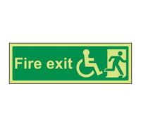 VSafety Glow In The Dark Wheel Chair Final Fire Exit with Text Man Right Sign - 300mm x 100mm - Self Adhesive Vinyl