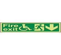 VSafety Glow In The Dark Wheel Chair Fire Exit With Text Arrow Down Sign - 300mm x 100mm - Rigid Plastic