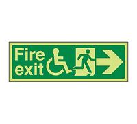 VSafety Glow In The Dark Wheel Chair Fire Exit With Text Arrow Right Sign - 300mm x 100mm - Rigid Plastic