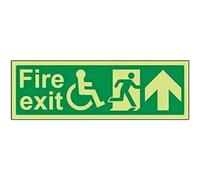 VSafety Glow In The Dark Wheel Chair Fire Exit With Text Arrow Up Sign - 300mm x 100mm - Self Adhesive Vinyl