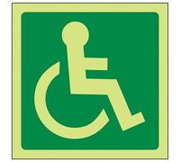 VSafety Glow In The Dark Wheel Chair Logo Facing Right Fire Exit Sign - 200mm x 200mm - Self Adhesive Vinyl