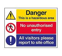 VSafety Hazardous Area/No Unauthorised Entry/Report To Site Office Warning Sign - Landscape - 400mm x 300mm - 1mm Rigid Plastic