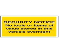 Vsafety No Tools or Items of Value Stored In This Vehicle Overnight Sign - 200mm x 150mm - Self Adhesive Vinyl