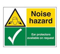 VSafety Noise Hazard Ear Protectors Available On Request Sign - Landscape - 400mm x 300mm - 1mm Rigid Plastic