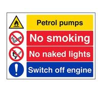VSafety Petrol Pumps Warning Sign - Landscape - 400mm x 300mm - Self Adhesive Vinyl