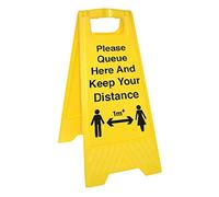 Vsafety Please Queue Here And Keep Your Distance - 300mm x 620mm - Double Sided Floor Sign