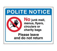 VSafety Polite Notice: No Junk Mail or Charity Bags Sign - 200mm x 150mm - Window Sticker