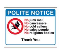 VSafety Polite Notice: No Junk Mail Sign - 150mm x 100mm - Window Sticker