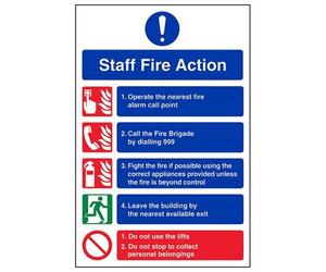 Vsafety Staff Fire Action/Call 999 Fire Action Sign - 210mm x 297mm (A4) - 1mm Rigid Plastic