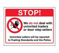 VSafety Stop! Univited Callers Will be Reported Sign - 150mm x 100mm - Window Sticker