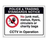 VSafety Trading Standards: No Junk Mail, Menus or Flyers Sign - 150mm x 100mm - Window Sticker