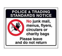 VSafety Trading Standards: No Junk Mail or Charity Bags Sign - 200mm x 150mm - Window Sticker