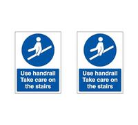 VSafety Use Handrail Take Care On The Stairs Sign - 150x200mm - 1mm Rigid Plastic (Pack of 2)