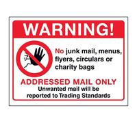 VSafety Warning! No Junk Mail, Addressed Mail Only Sign - 200mm x 150mm - Self Adhesive Viny