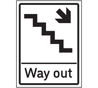 VSafety Way Out Arrow Down Stairs Right Sign - 150x200mm - Self Adhesive Aluminium Effect