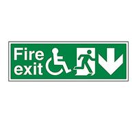 VSafety Wheel Chair Fire Exit With Text Arrow Down Sign - Landscape - 450mm x 150mm - 1mm Rigid Plastic