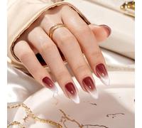VSALON Press on Nails Medium Almond - Red French Tip Cat Eye Glitter Ombre Fall Nails Kit for Woman, Valentine Reusable Semi-Transparent Gel Glue on Nails with Glue & Cuticle Oil - 32 PCS in 16 Sizes
