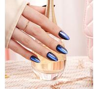 VSALON Press on Nails Short Almond - Blue Cat Eye Chrome Glue On Nails Kit for Women, Reusable Opaque Gel Stick on Nails with Glue & Cuticle Oil - 32 PCS Fake Nails in 16 Sizes (Midnight Tide)