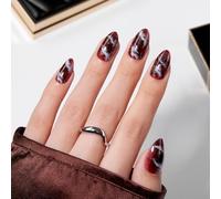 VSALON Press on Nails Short Almond - Brown Marble Glitter Glue On Nails Kit for Women, Reusable Opaque Salon Quality Swirl Fake Nails - 32 PCS Stick on Nails in 16 Sizes with Glue & Cuticle Oil