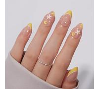 VSALON Press on Nails Short Almond - Lemon Yellow French Tip 3D Flower Design Fake Nails Kit, Reusable Gel Glue on Nails with Glue & Cuticle Oil - 32 PCS Stick on Nails in 16 Sizes