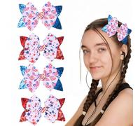 Vsdski 4th of July Bow Hair Clips Patriotic Hair Accessories for Girls American Flag Glitter Stars Hair Bows Hairpins Alligator Clips for Independence Day