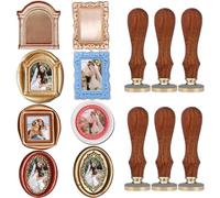 VSECUON 6pcs 3D Relief Frame Wax Seal Stamp, Removable Brass Heads with 6 Wooden Handle,3D Embossed Photo Frame Sealing Wax Stamp for Wedding Invitations Scrapbooking Letters Gift Christmas