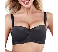 VSEISNOO Women Sexy Padded Underwire Multiway Strapless Push up Bra for Women Plus Size Balconette Bra Dark Gray