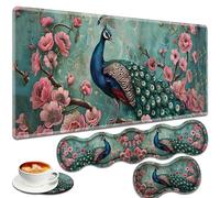 VSHSEEOM Large Gaming Mouse Pad + Keyboard Wrist Rest + Wrist Support + Coaster Set, Memory Foam Ergonomic for Easy Typing, XXL Extended Gaming Mouse Pad Table Pad - Peacock