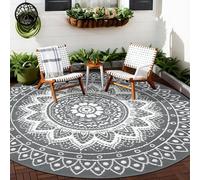 VSIWB Round Outdoor Rug for Patio 300cm Reversible Waterproof Foldable Garden Rugs Boho Plastic Straw RV Mat Picnic Camping Carpet for RV Balcony Beach Deck Terrace Beach Apartment, Grey/White