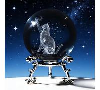 vskikris 60mm 3D Crystal Ball Paper Weight Figurine - Laser Engraved Cat, Moon & Star Design with Stand - Glass Sphere Paperweight & Gift for Cat Lovers, Women, Girls