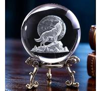 Vskikris 60mm 3D Howling Wolf Crystal Ball With Stand - Laser Moon Wolf Figurine Glass Sphere Table Decor Paperweight Craft