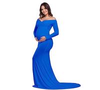 VSNOW Maternity Elegant Fitted Gown Cross-Front V Neck Wrap Ruched Slim Fit Maxi Photography Dress - Blue - Small