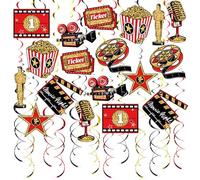 Vsosfiza Movie Night Hanging Swirl Set Party Decorations, 48 Pcs, Hollywood Theme with Popcorn Trophy Microphone Film Reel Party Supplies Sign, Red Black Gold