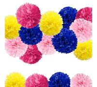 Vsosfiza Pink Navy Blue Lemon Yellow Rose Red Paper Pom Poms Party Decorations, 12 PCS Tissue Pom Poms for Birthday Party, Family Gathering,Wedding,Boy or Girl Nursery Classroom Decoration