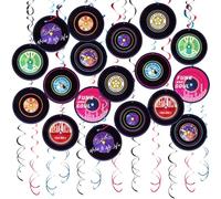 Vsosfiza Rock And Roll Record Party Hanging Swirls, 48 Pcs, Music Theme Disco Party Decorations, Vinyl Record Design For 90s Or 50s Style Rock Music Dj Party Supplies, Black And Multicolor