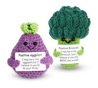 Vspek 2Pcs Emotion Support Broccoli Eggplant Gift, Funny Handmade Crochet Wool Doll with Positive Card Cheer Up Gag Friends Gifts Office Desk Fun Home Decor for Birthday