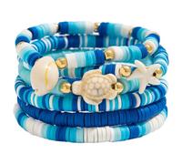 Vspek Boho Beaded Bracelets for Women, Shell Starfish Turtle Bracelet Stack, 6 Pcs Girls Bracelets, Clay Stretch Bracelet, Summer Jewellery Beach Accessories, Vacation Party Birthday Gift, Blue White