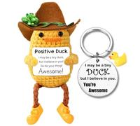 Vspek Emotional Support Duck, Positive Crochet Animals, Duck Keyring, Positive Gifts, Cowboy Hat Crochet Doll with Card, Home Office Desk Decor, Birthday Gifts for Women Men Friend Coworker, Yellow